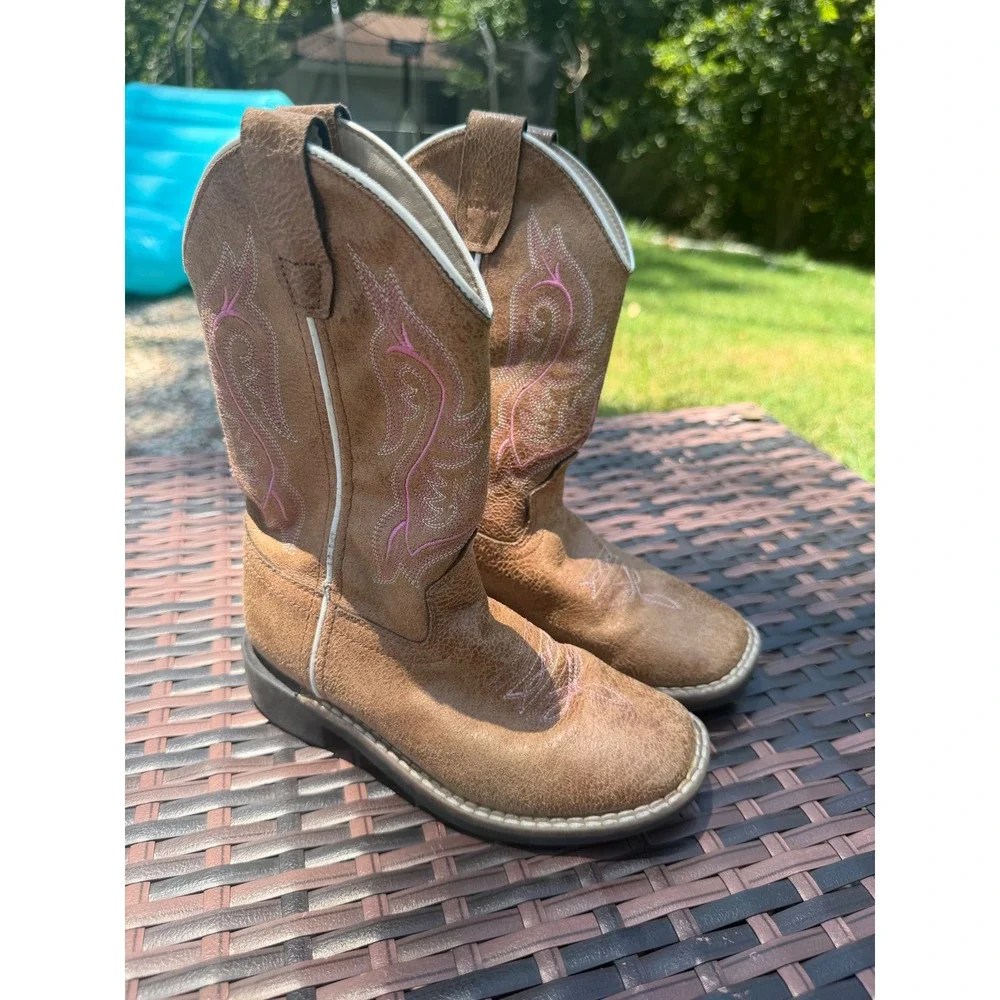BVB Kids Brown Pink Embroidered Square Toe Western Cowboy Boots Size 12 BVB9155